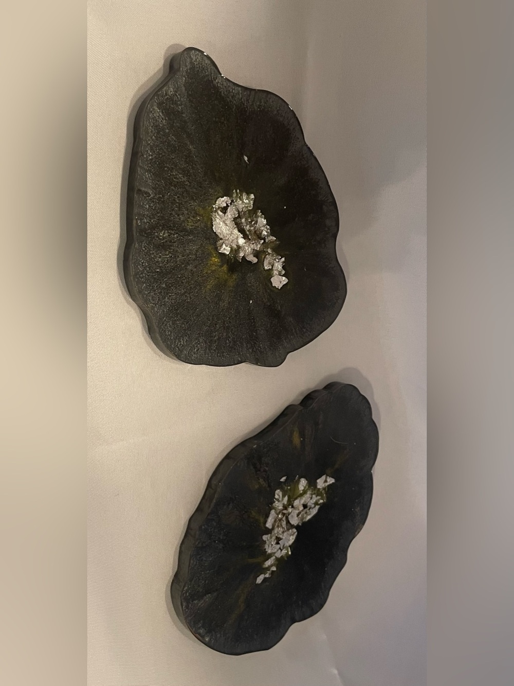 Handmade Black/Grey/Green Resin Scalloped Coasters Silver Flakes Pair - Decor
